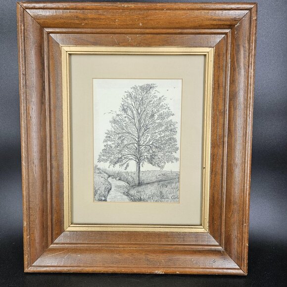 Vint Tree Landscape Drawing Pencil Art Signed Lucille Cole Framed 1970s Rustic - Picture 1 of 11